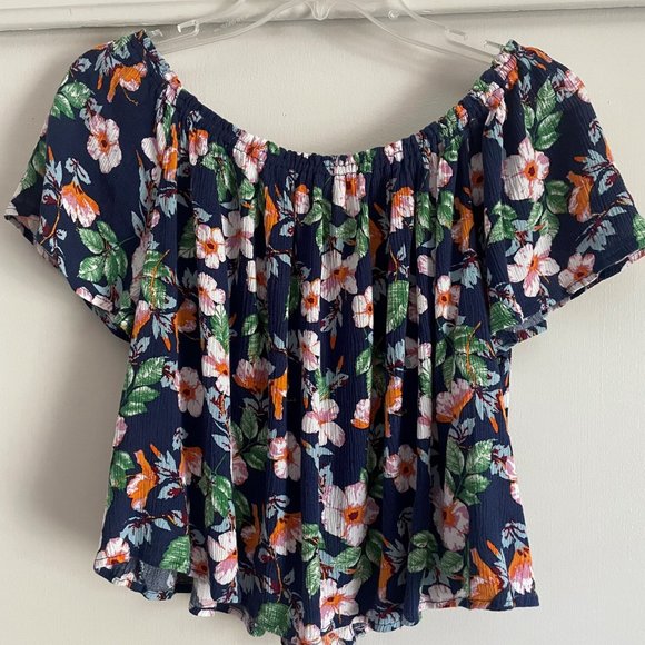 Sophie Rue Blue Floral Flutter Sleeve Off The Shoulder Crop Top Boho Blouse L - Picture 9 of 13